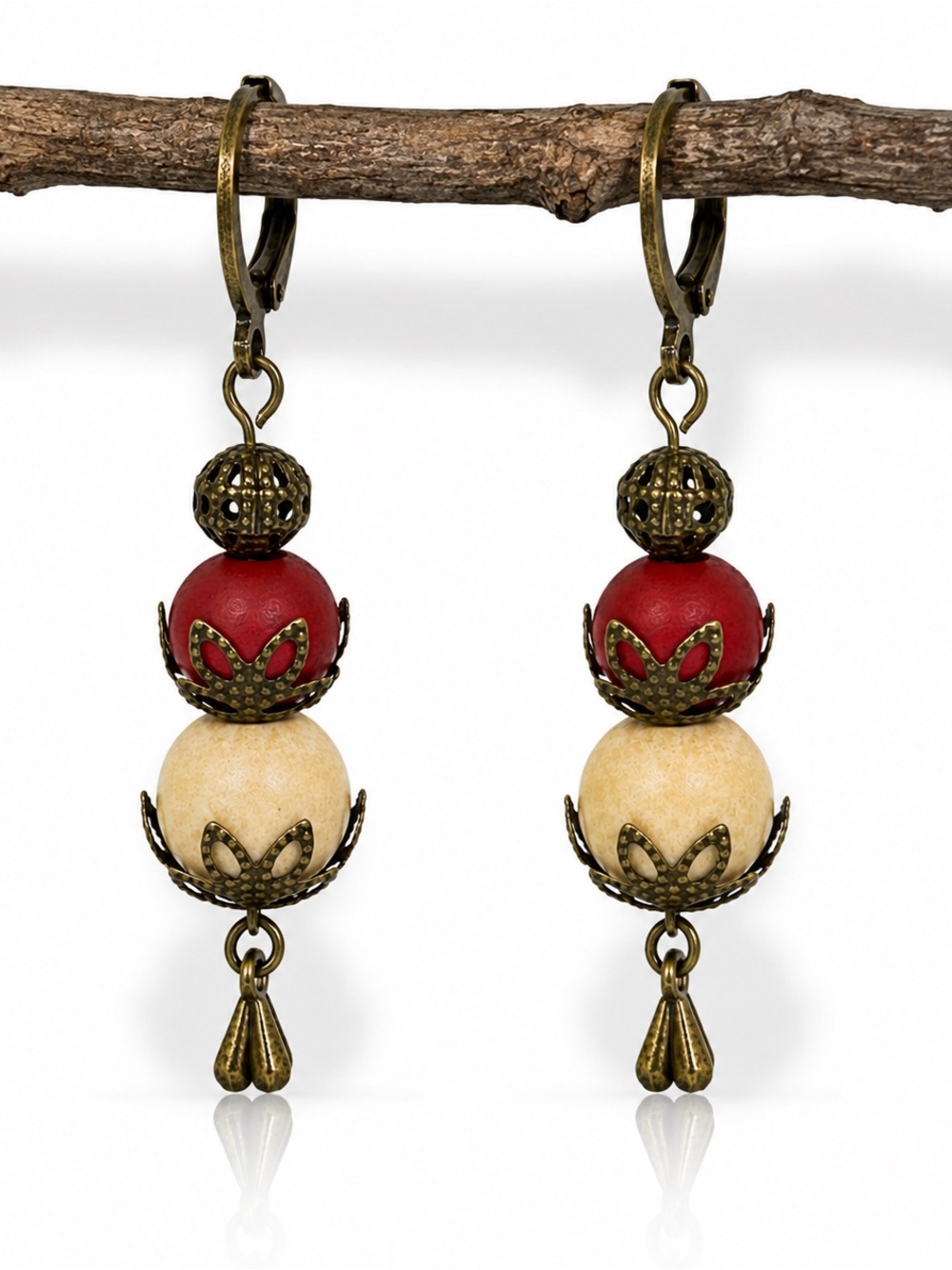 Red & Natural Wooden Bead Earrings, Antique Bronze Boho Dangles